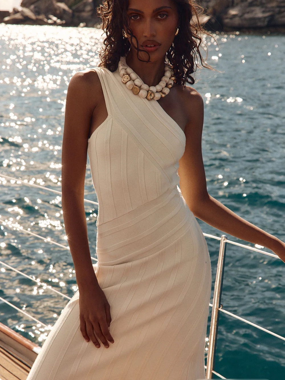 One-Shoulder Cream Ribbed Midi Dress
